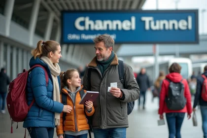 Famille devant le terminal du tunnel sous la Manche