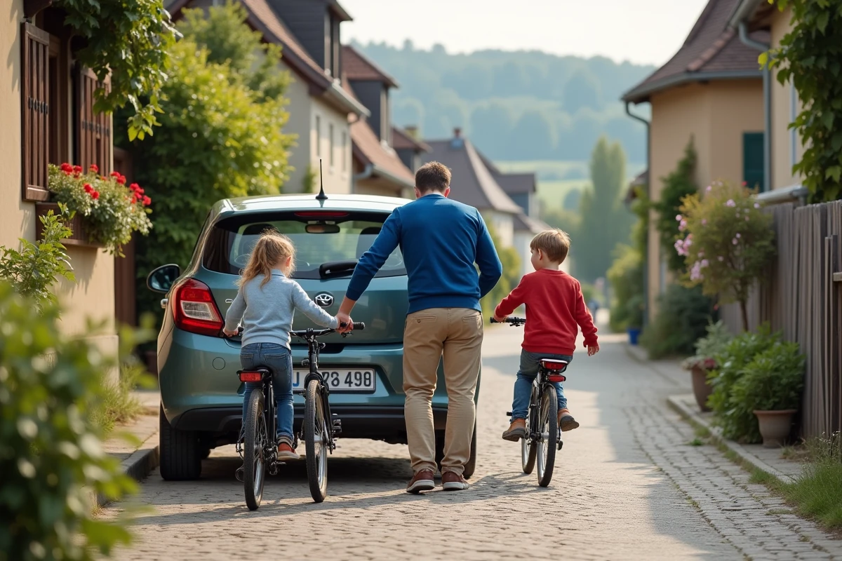 Famille chargeant des vélos dans un village alsacien