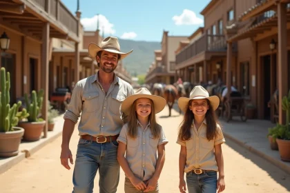 Famille souriante dans un village western &agrave; Oasys Mini Hollywood