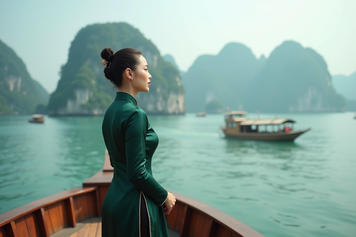 Femme vietnamienne en ao dai vert sur bateau à Halong Bay