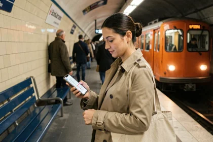 Femme consultant l'application Mappy sur son smartphone dans une station de métro parisienne pour planifier son trajet en transports en commun