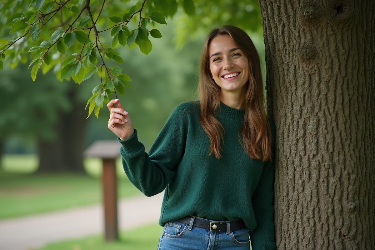 Femme souriante touchant un jeune arbre en plein air