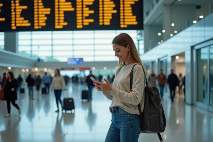 Femme souriante v&eacute;rifiant son t&eacute;l&eacute;phone &agrave; l'a&eacute;roport de Nantes