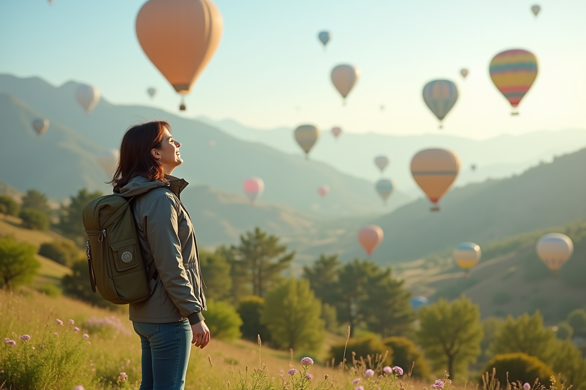 Femme souriante regardant des ballons colorés dans la vallée