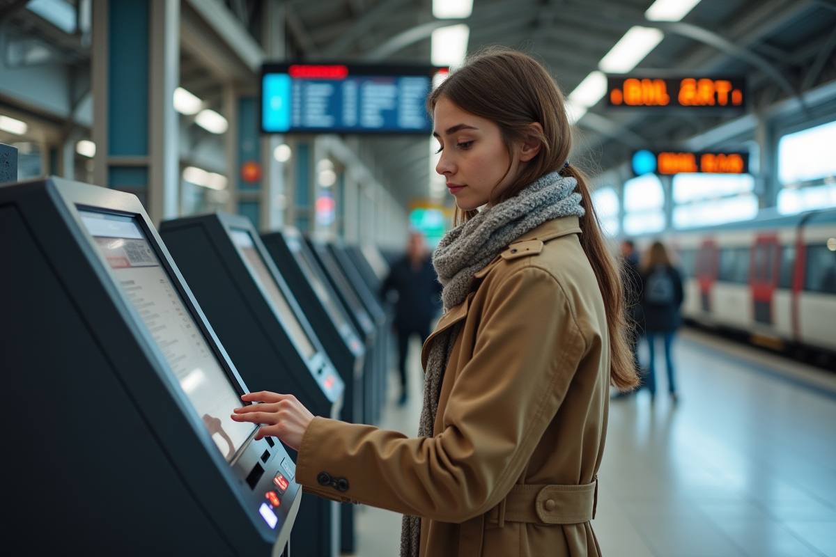 Jeune femme utilisant un automate pour corriger un nom dans la gare