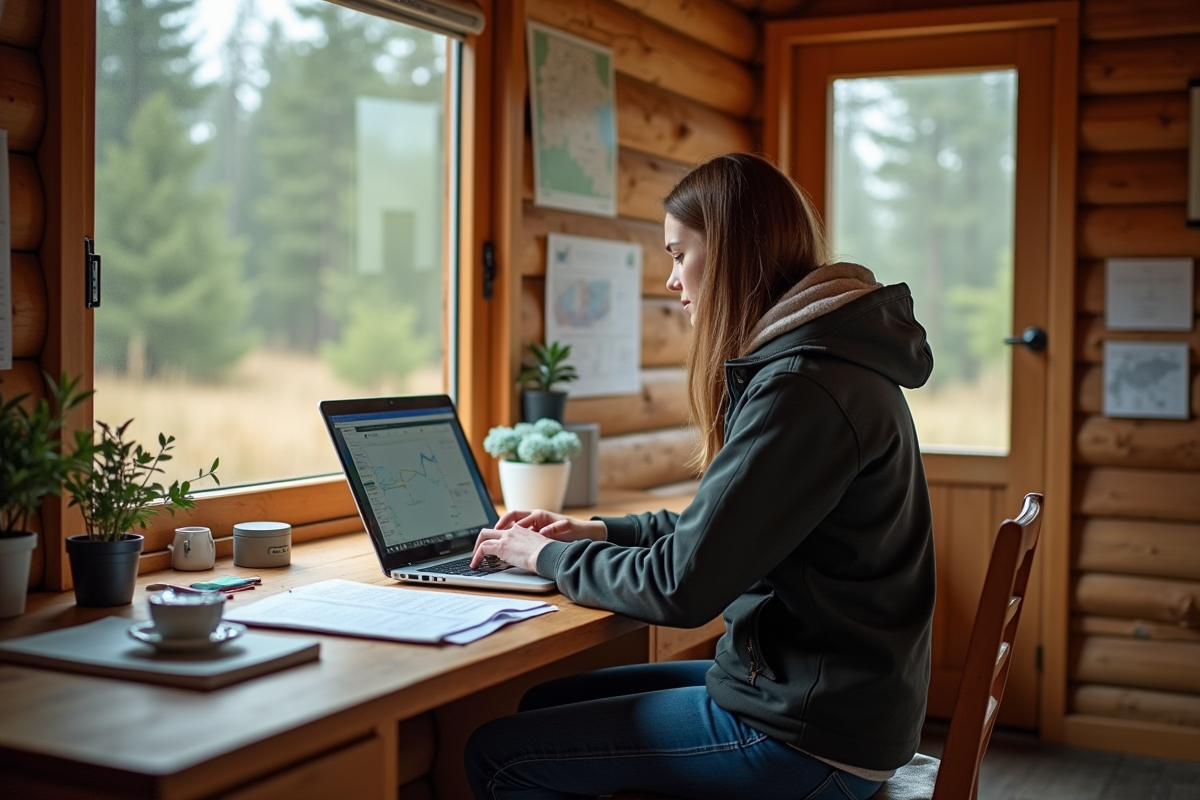 Jeune femme travaillant dans un bureau de camping