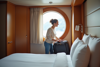 Femme souriante dans une cabine de croisiere moderne