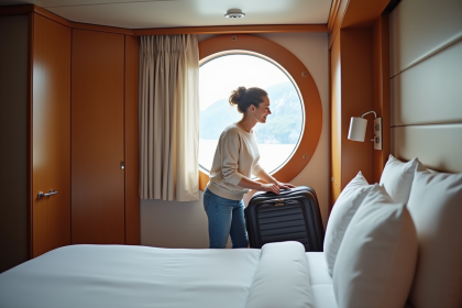Femme souriante dans une cabine de croisiere moderne