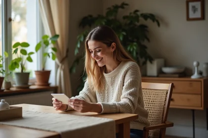 Femme souriante avec carte cadeau voyage &agrave; la maison