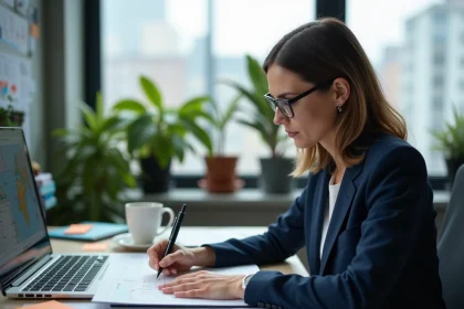 Femme cadre consultant une carte des fuseaux horaires mondiaux pour organiser son planning international