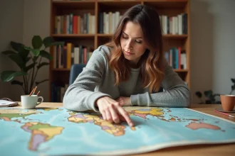 Femme comparant les proportions du Groenland et de l'Afrique sur une grande carte du monde imprimée posée sur une table en bois