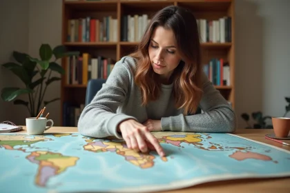 Femme comparant les proportions du Groenland et de l'Afrique sur une grande carte du monde imprimée posée sur une table en bois
