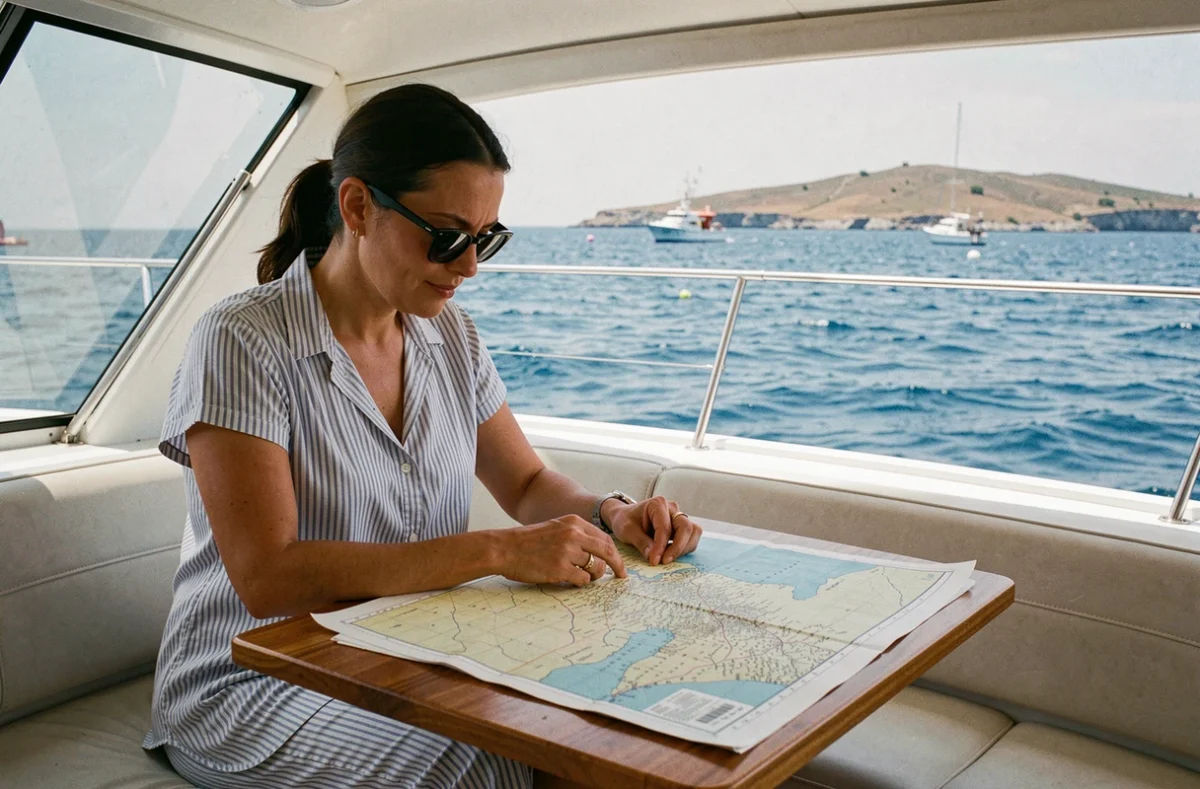 Femme étudiant une carte nautique dans le cockpit d'un petit voilier en croisière en Méditerranée