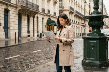 Femme consultant une carte de Paris à pied près d'une fontaine Wallace, itinéraire touristique dans la capitale