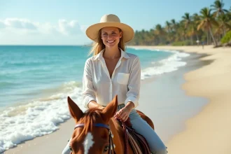 Femme souriante à cheval sur la plage mexicaine