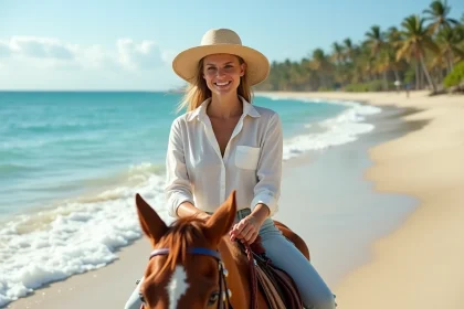 Femme souriante à cheval sur la plage mexicaine