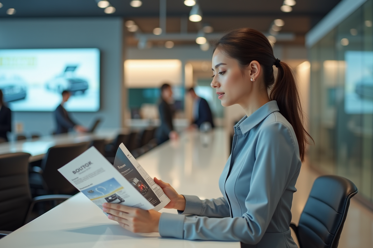 Femme professionnelle comparant des brochures de location