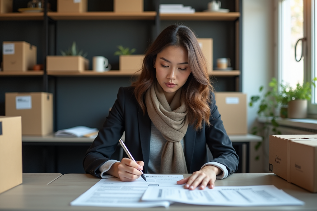 Femme remplissant une declaration douane CN23 au bureau