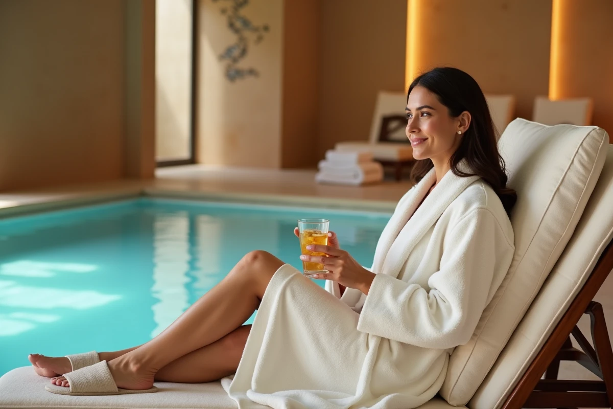 Femme en peignoir se détendant au bord de la piscine intérieure d'un hôtel 5 étoiles à Strasbourg