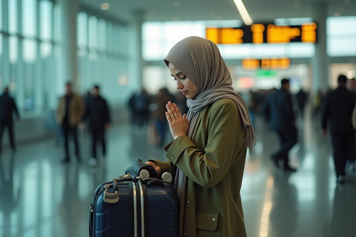 Jeune femme musulmane récitant une doua avant de partir en voyage dans un aéroport international