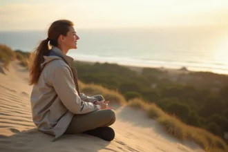 Jeune femme souriante sur la dune du Pilat au lever du soleil