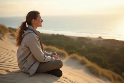 Jeune femme souriante sur la dune du Pilat au lever du soleil