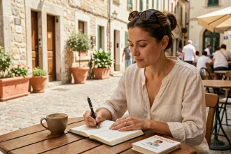 Femme écrivant dans un carnet sur une terrasse de café en vacances en France, avec un dictionnaire posé à côté