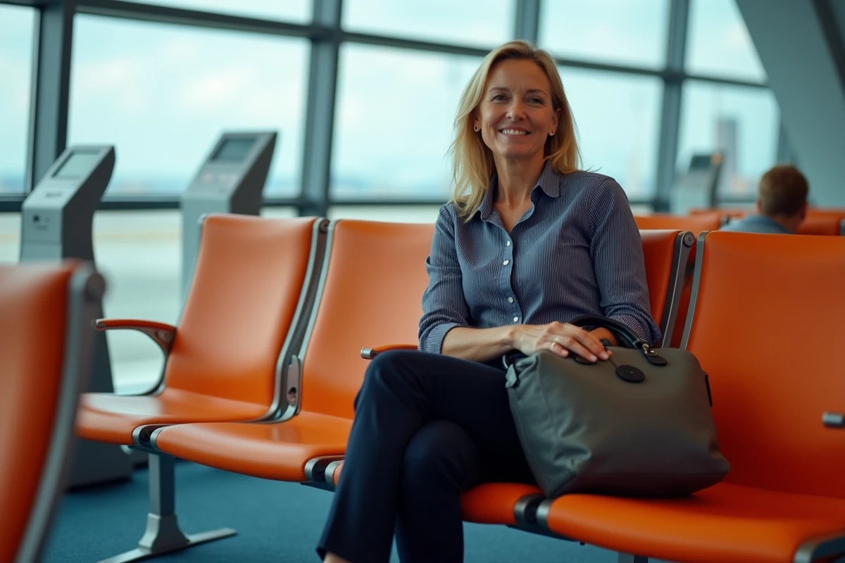 Femme assise à une porte d'embarquement avec sac à main et bagage cabine EasyJet