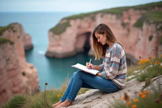 Jeune femme esquissant sur la Côte de Granit Rose