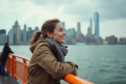 Jeune femme souriante sur le ferry de Staten Island