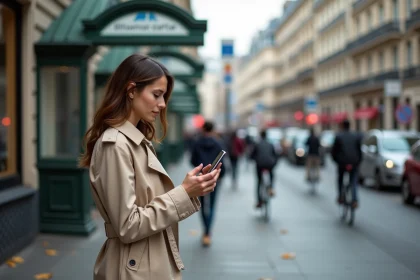 Femme consultant Google Maps itinéraire à pied et métro sur smartphone devant une entrée de station de métro à Paris