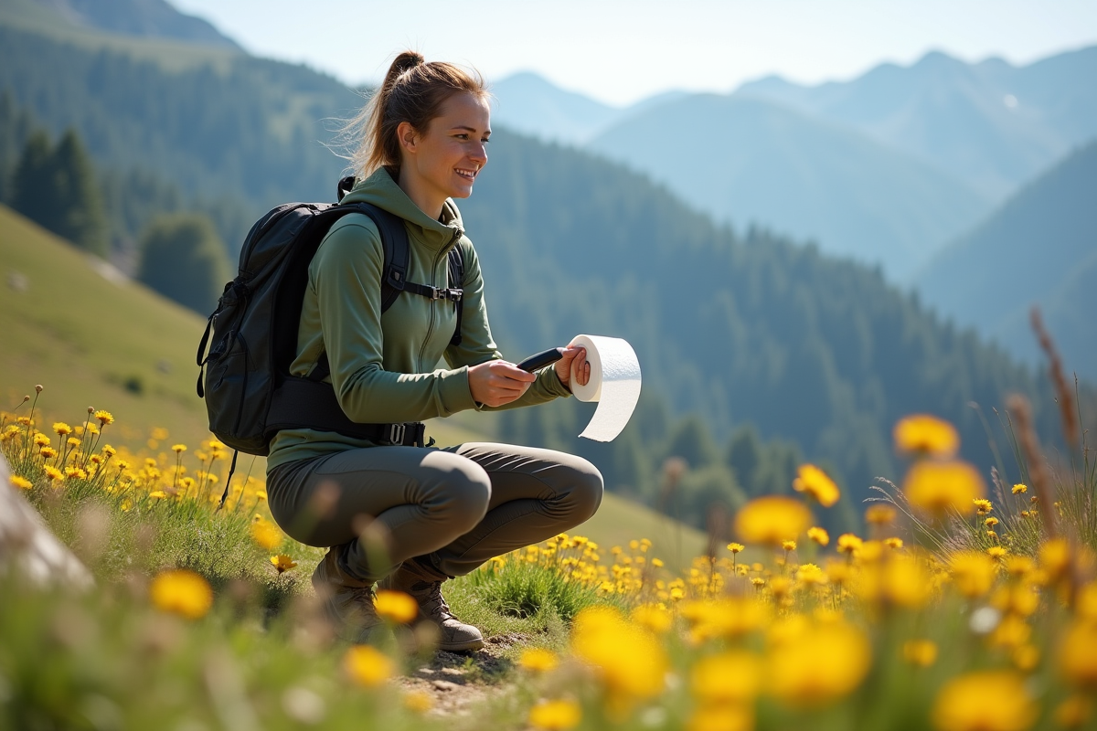 Femme en randonnée préparant un espace avec papier biodégradable