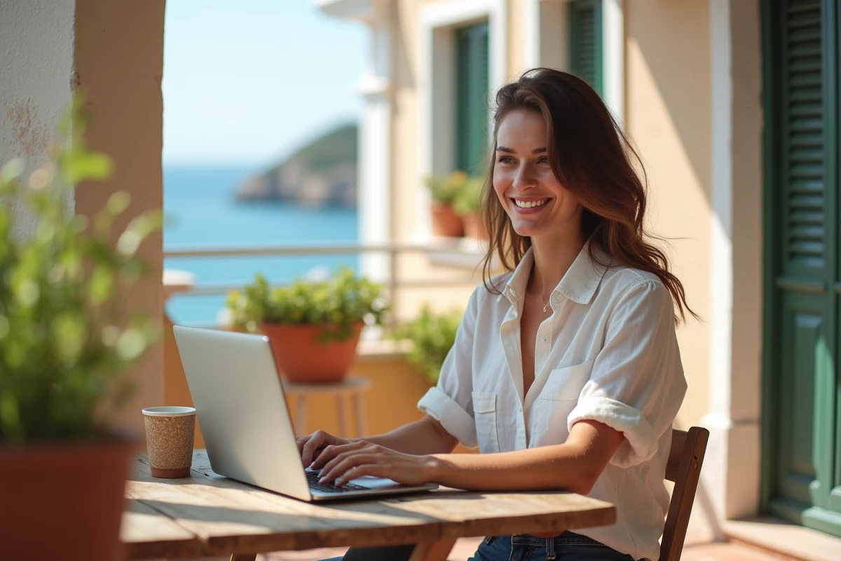 Femme détendue travaillant sur son ordinateur sur un balcon méditerranéen