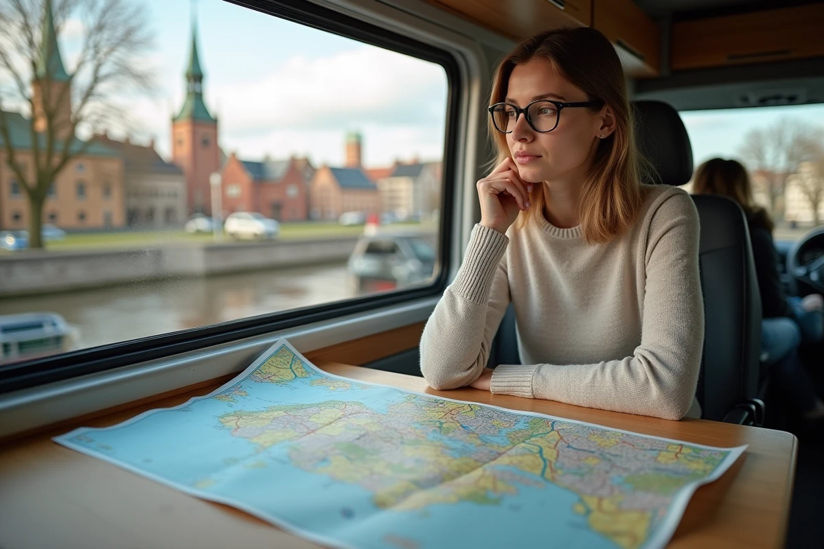 Jeune femme lisant une carte dans le van