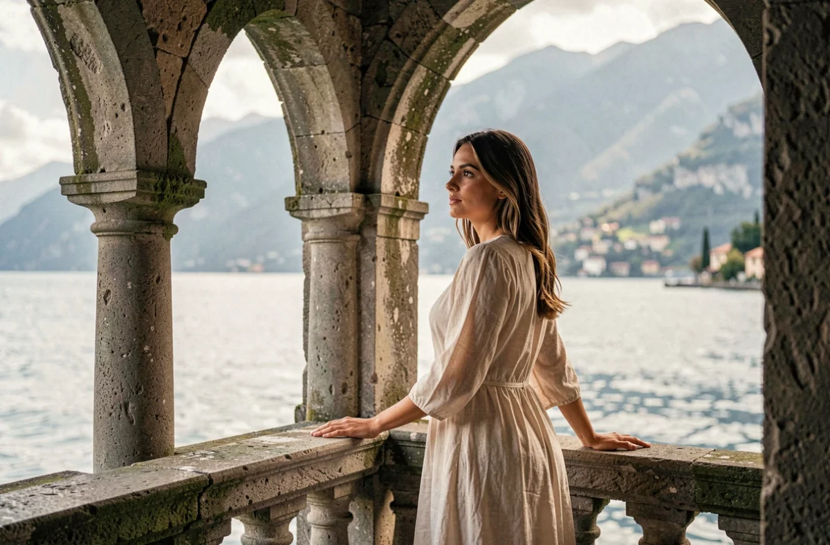Femme en robe ivoire posant sous le loggia en pierre de la Villa del Balbianello au bord du lac de Côme, inspiration scène romantique de Star Wars
