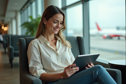 Femme souriante dans un lounge aéroport avec tablette