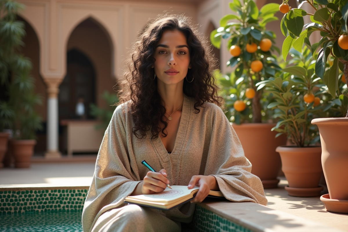 Jeune femme marocaine dessinant près d