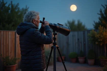 Femme regardant la lune avec un t&eacute;lescope dans un jardin