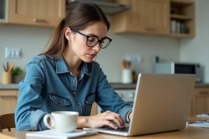 Jeune femme en denim compare vols en ligne