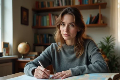 Jeune femme concentrée écrivant le nom d'une ville sur une feuille de papier, entourée de cartes et d'un globe terrestre dans un bureau cosy