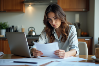 Femme examinant une lettre dans la cuisine moderne
