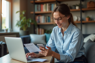 Femme vérifiant ses détails de vol sur son ordinateur et téléphone