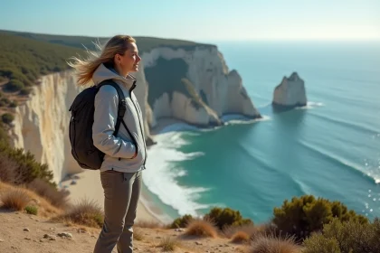 Femme en randonn&eacute;e au bord des falaises de Leucate
