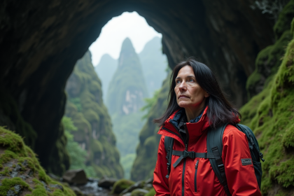 Femme en randonnée devant une grotte de calcaire sombre