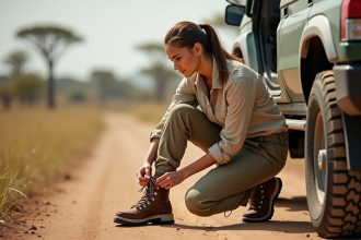 Jeune femme en safari attachant ses chaussures de marche