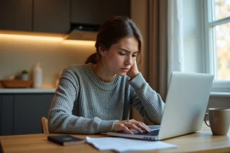 Femme cherchant des billets d'avion sur Google Flights depuis son appartement, expression concentrée devant un ordinateur portable