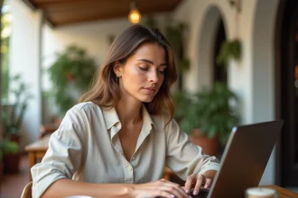 Femme consultant un site d'informations de voyage méditerranéen sur un ordinateur portable dans un café