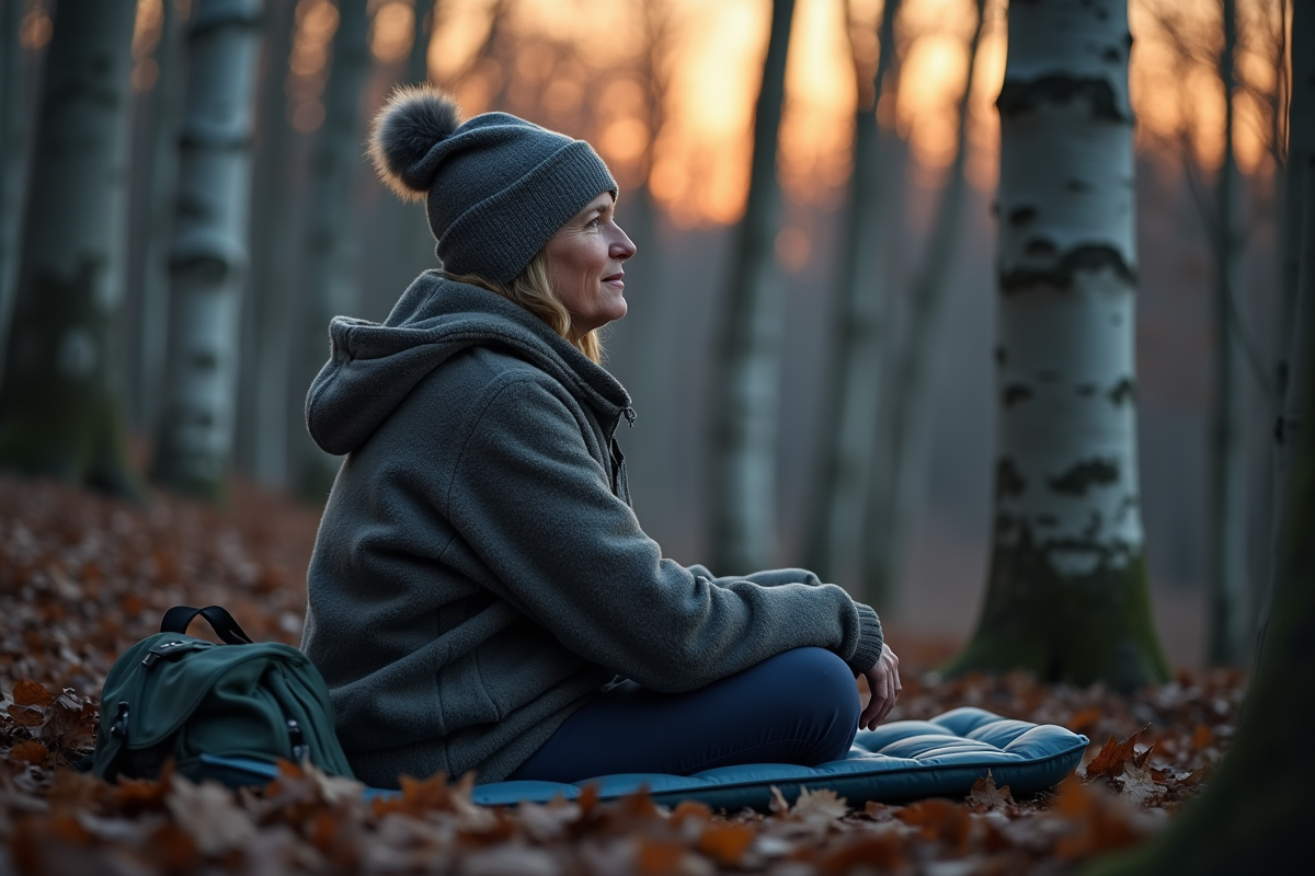 Femme assise dans la forêt au crépuscule contemplant la nature