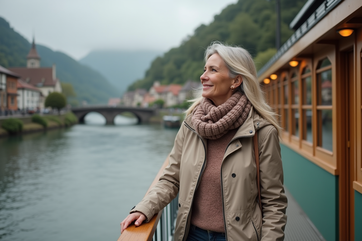 Femme souriante sur un bateau croisière fluvial en été