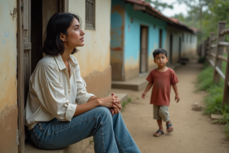 Jeune femme contemplative dans un village rural